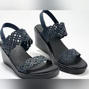 Skechers Scalloped Rhinestones Black Woven Wedge- Sassy  Dayz  Sandals